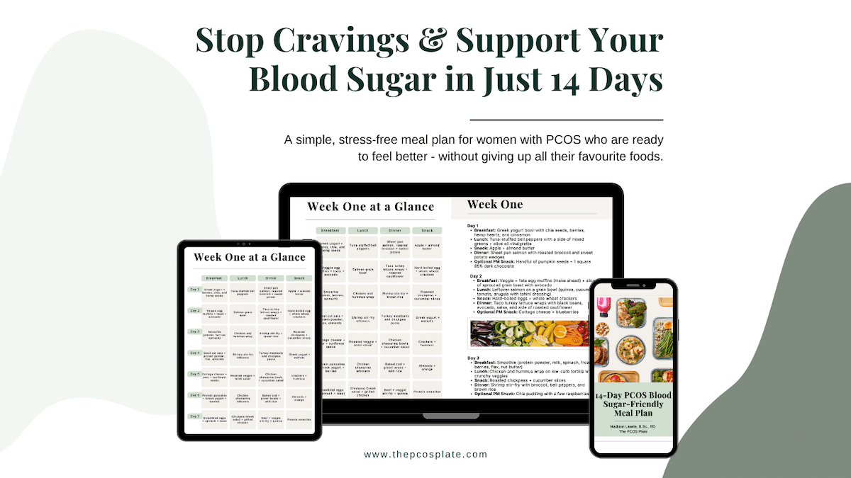 Graphic promoting a 14-day PCOS meal plan with balanced, hormone-supportive recipes to stabilize blood sugar and reduce cravings.