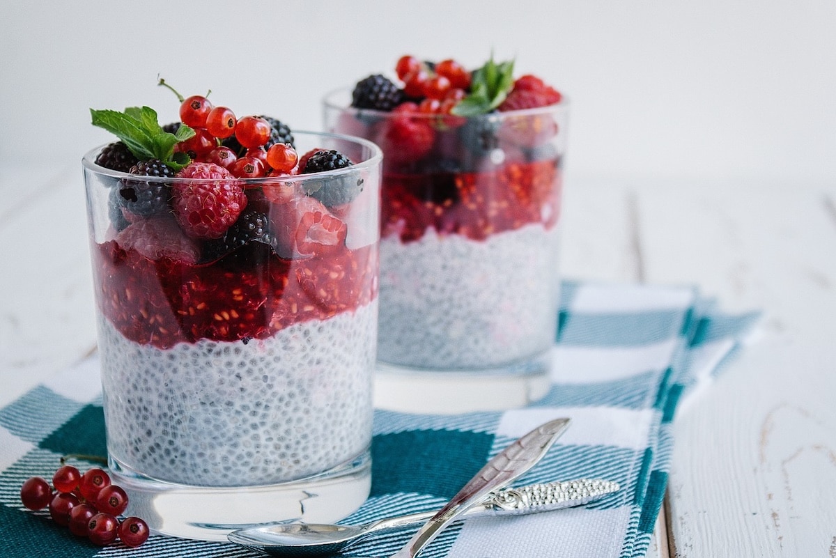 Chia seed pudding topped with fresh raspberries and blackberries 