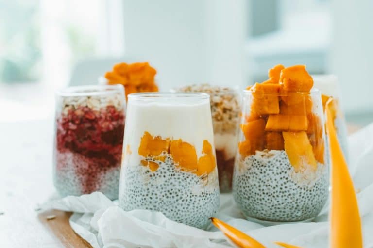 PCOS-friendly breakfast ideas of chia pudding with fruit and greek yogurt