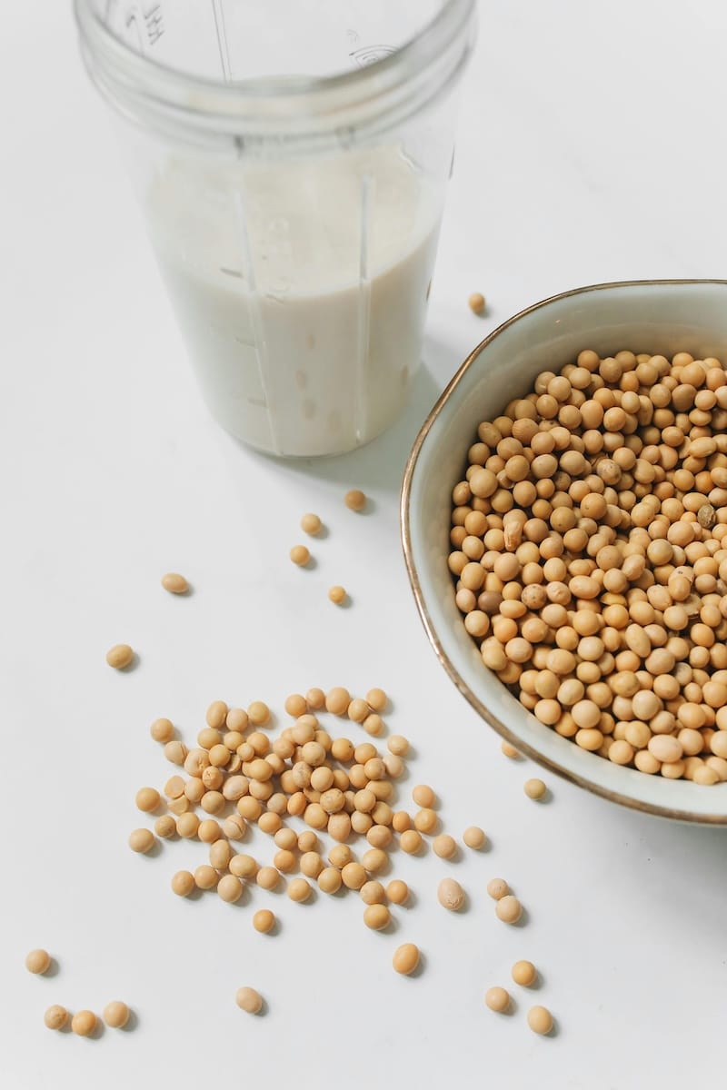 Glass of soy milk next to a bowl of soybeans – a hormone-friendly choice among the best milk choices for PCOS.